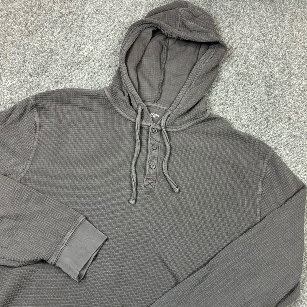 Arizona Jean Co Mens Size XL Charcoal Gray Waffle Knit Thermal Henley Hoodie
